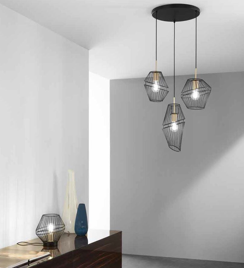 Sospensione 3 luci forma gabbietta in metallo nero finitura oro satinato 3XE27 non incl. KIKO Sospensione 3 luci forma gabbietta in metallo nero finitura oro satinato 3XE27 non incl. KIKO